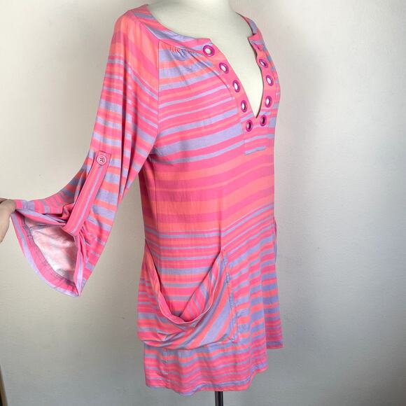 Nanette Lepore Swim Barbie Hot Pink Pastel Lilac Striped Tunic Dress Coverup Top - Picture 4 of 10